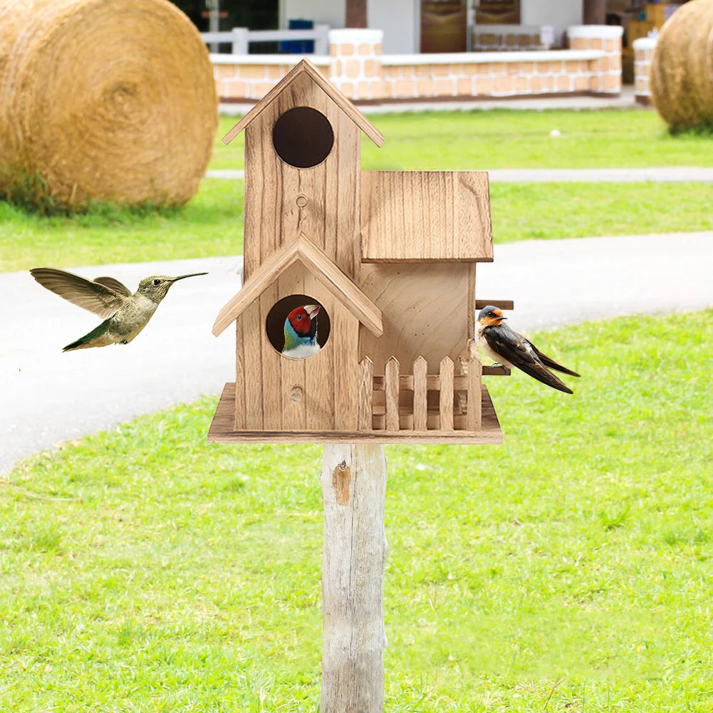 Creative Wooden Bird House Breeding Cage Box Feeding Nest Garden Backyard Balcony Pendant Simulation Fence Birdhouse Home Decor