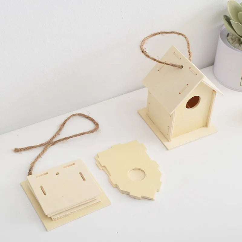 DIY Bird Wood House with Lanyard Outdoor Handmade Accessory Pet Supplies Hanging Birdhouse for Outside Balcony