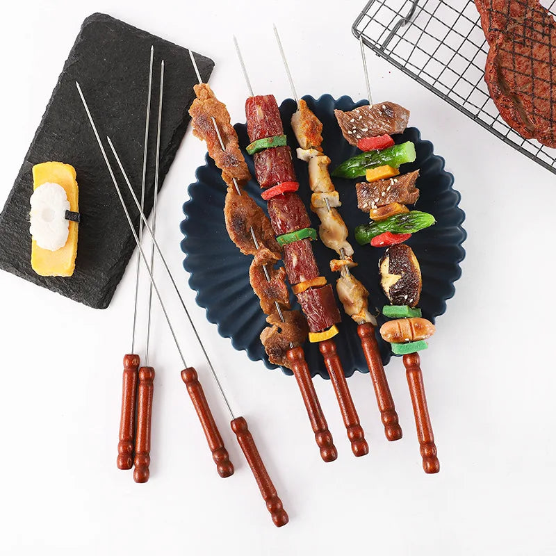 Stainless Steel Barbeque Stick with Wooden Handle Round Barbeque Pin Flat Barbeque Lamb Skewer Barbeque Stick Bbq