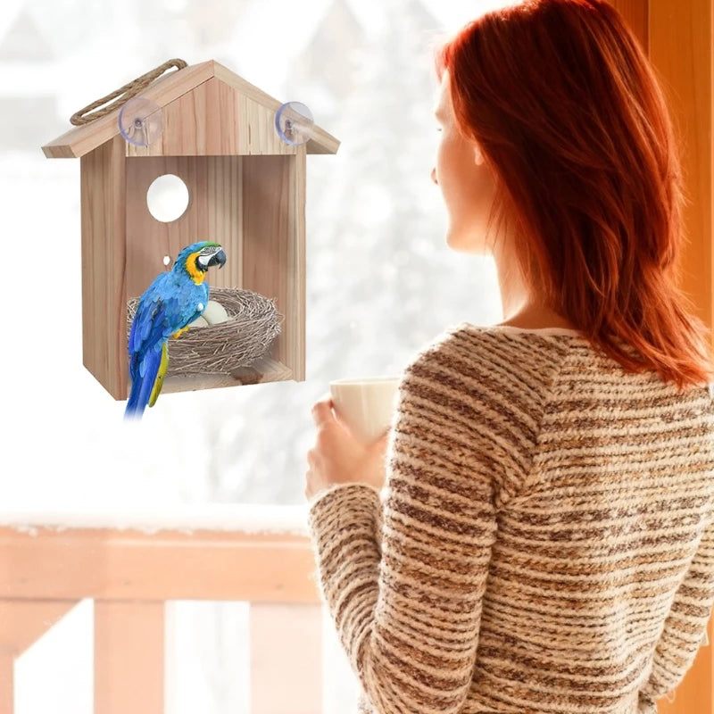 Blue Birds House Wood Window Birdhouse Weatherproof Bird Nest Designed with Perch Transparent Rear for Easy Watch
