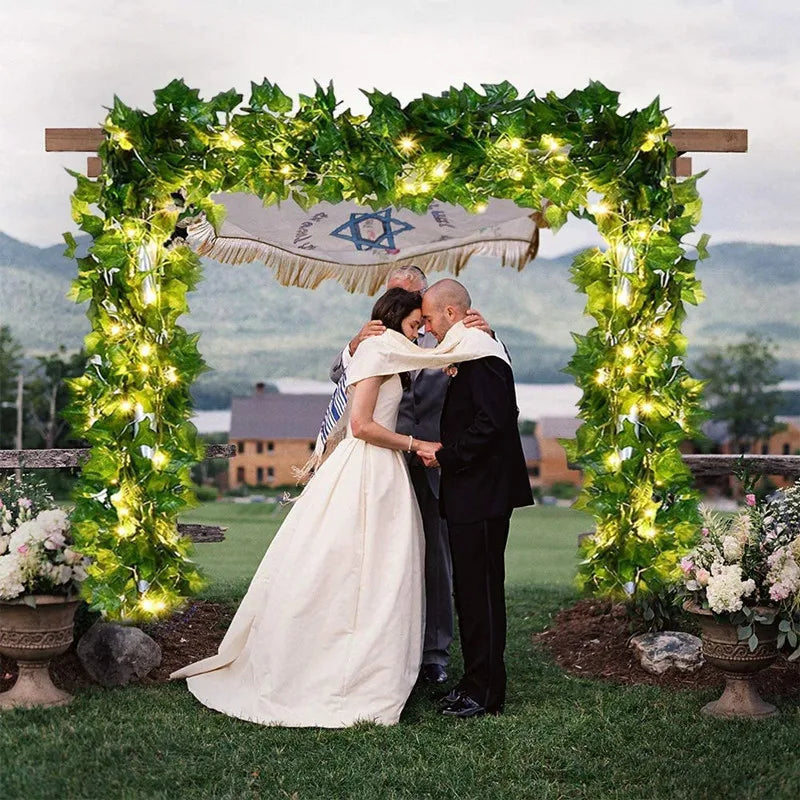 2M Silk Green Leaf Ivy Vine with LED Lights String Sakura for Home Bedroom Decor Wedding Glowing Artifical Plant Garland Decor