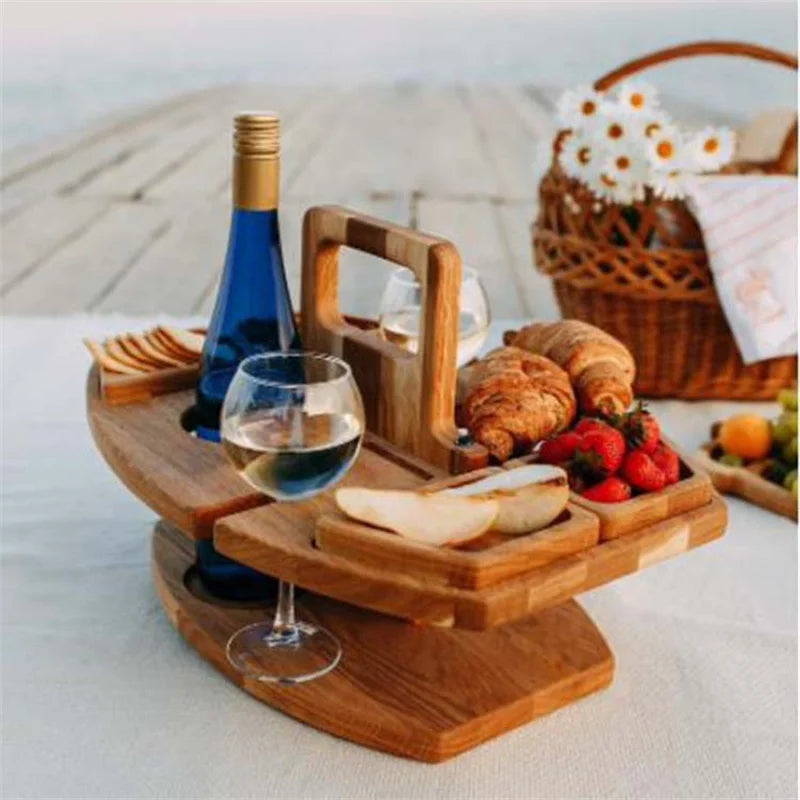 Wooden Folding Picnic Table with Glass Holder Round Foldable Desk Wine Glass Rack Collapsible Table Snack Tray for Garden Party