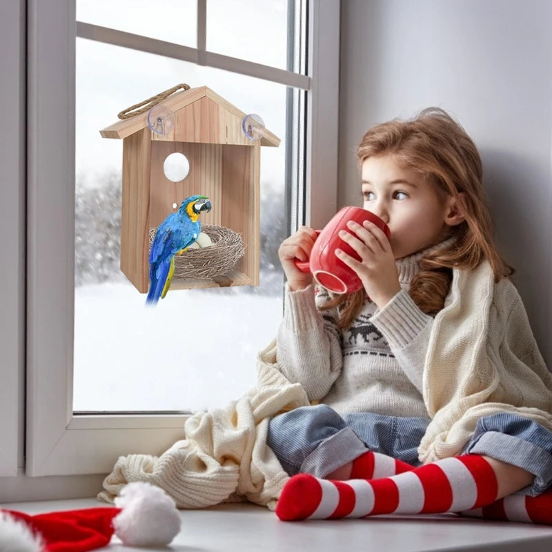 Blue Birds House Wood Window Birdhouse Weatherproof Bird Nest Designed with Perch Transparent Rear for Easy Watch