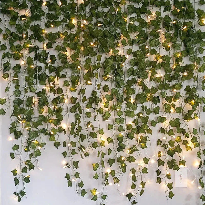 2.3m Artificial Plants Green Leaf Garland With 2m Led String Light Leaf Ivy Vine For Home Decorations Wedding Decor DIY Rattan