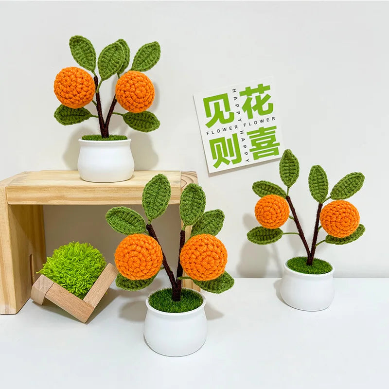 Crochet Fruit Artifical Plants Bonsai,Hand Knitted Strawberry,Potted Oranges,Woven Crafts For Room Home Table Decor, Friend Gift