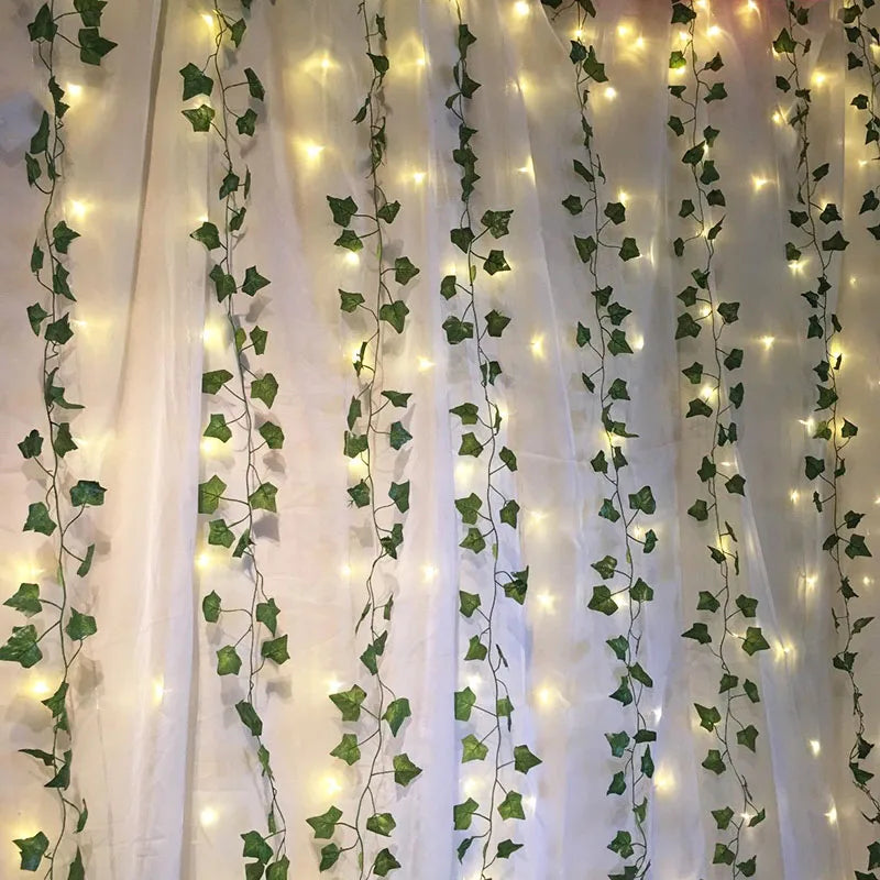 2.3m Artificial Plants Green Leaf Garland With 2m Led String Light Leaf Ivy Vine For Home Decorations Wedding Decor DIY Rattan