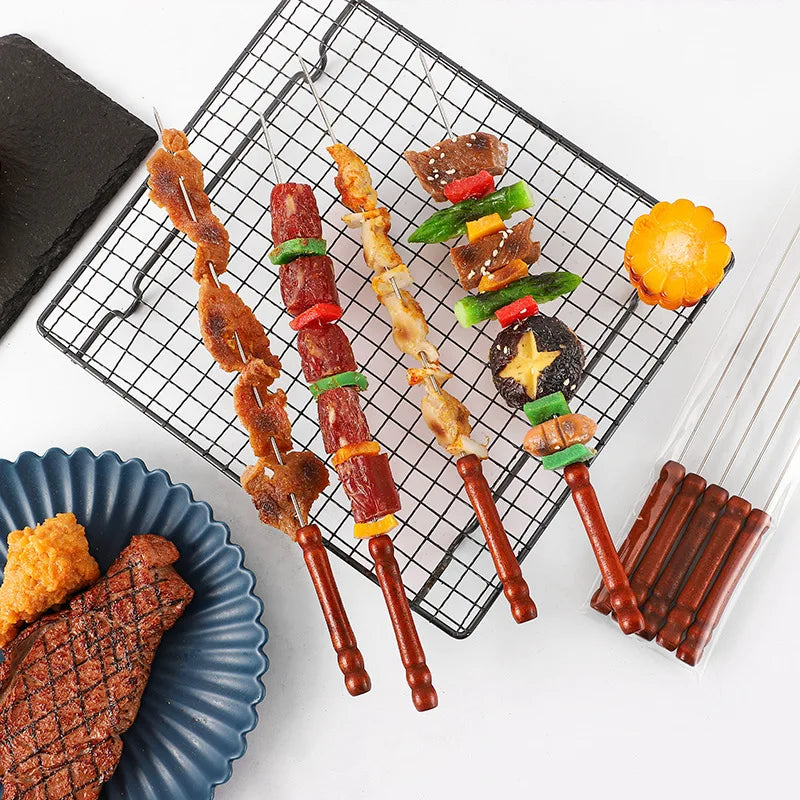 Stainless Steel Barbeque Stick with Wooden Handle Round Barbeque Pin Flat Barbeque Lamb Skewer Barbeque Stick Bbq