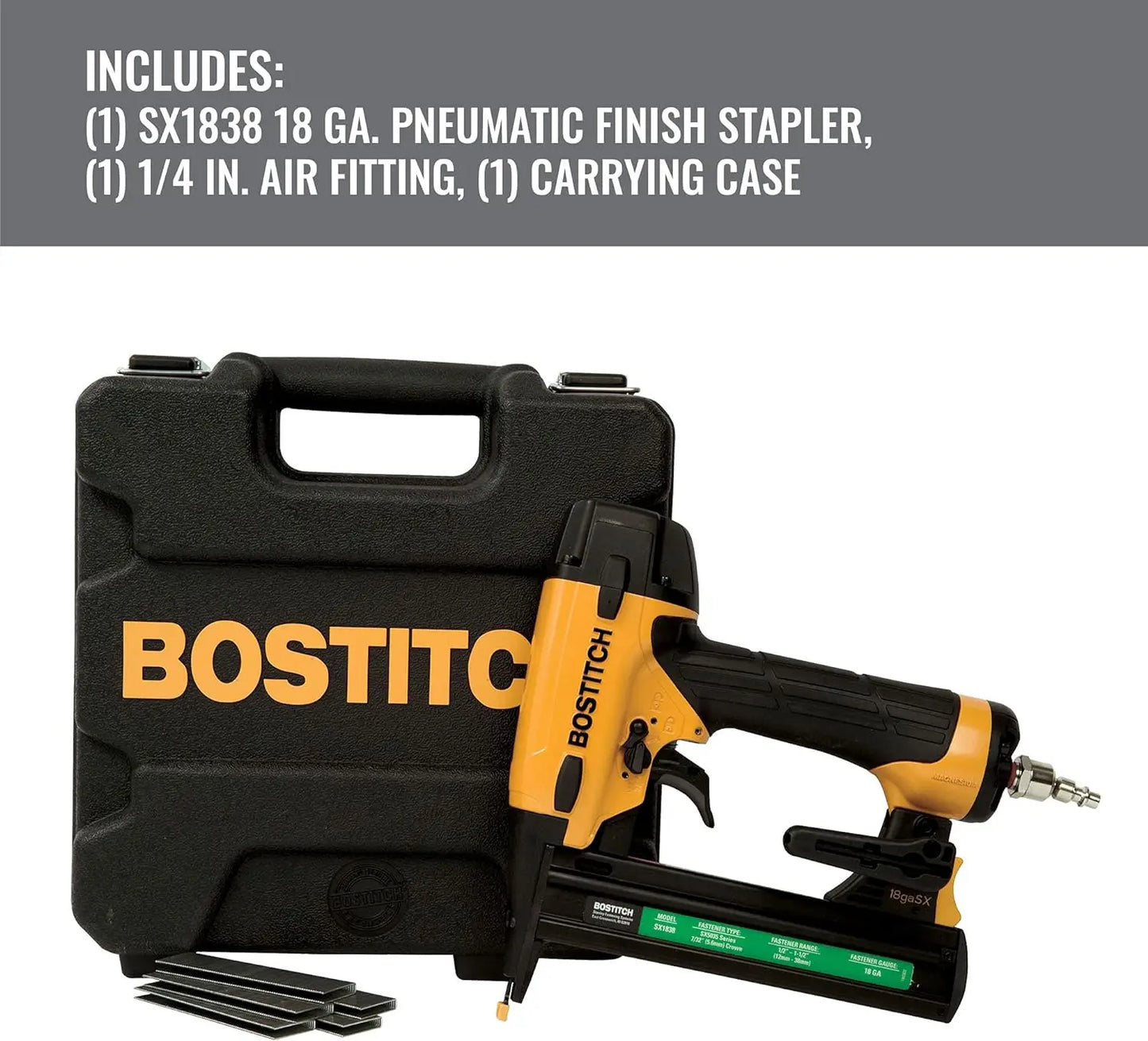 BOSTITCH Finish Nailer Kit, 16GA, Smart Point, Pneumatic with Crown Stapler, Narrow, 18GA (BTFP71917 & SX1838K)
