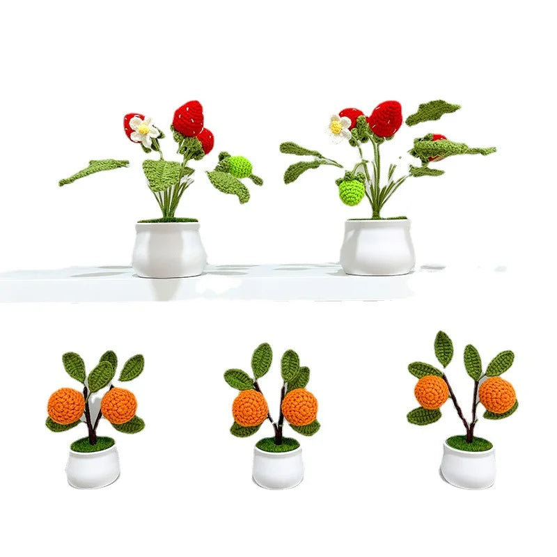 Crochet Fruit Artifical Plants Bonsai,Hand Knitted Strawberry,Potted Oranges,Woven Crafts For Room Home Table Decor, Friend Gift