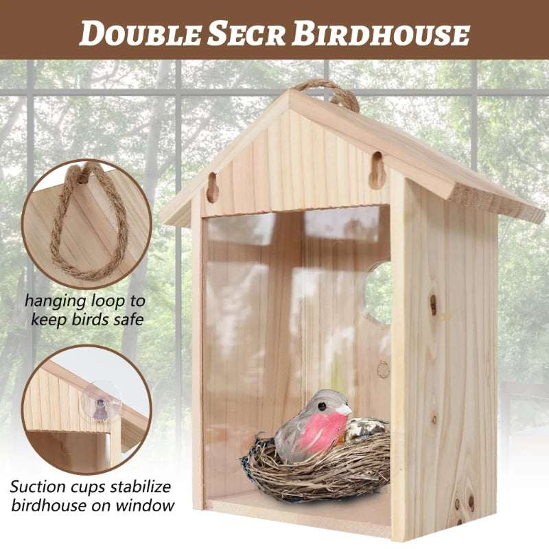 Blue Birds House Wood Window Birdhouse Weatherproof Bird Nest Designed with Perch Transparent Rear for Easy Watch