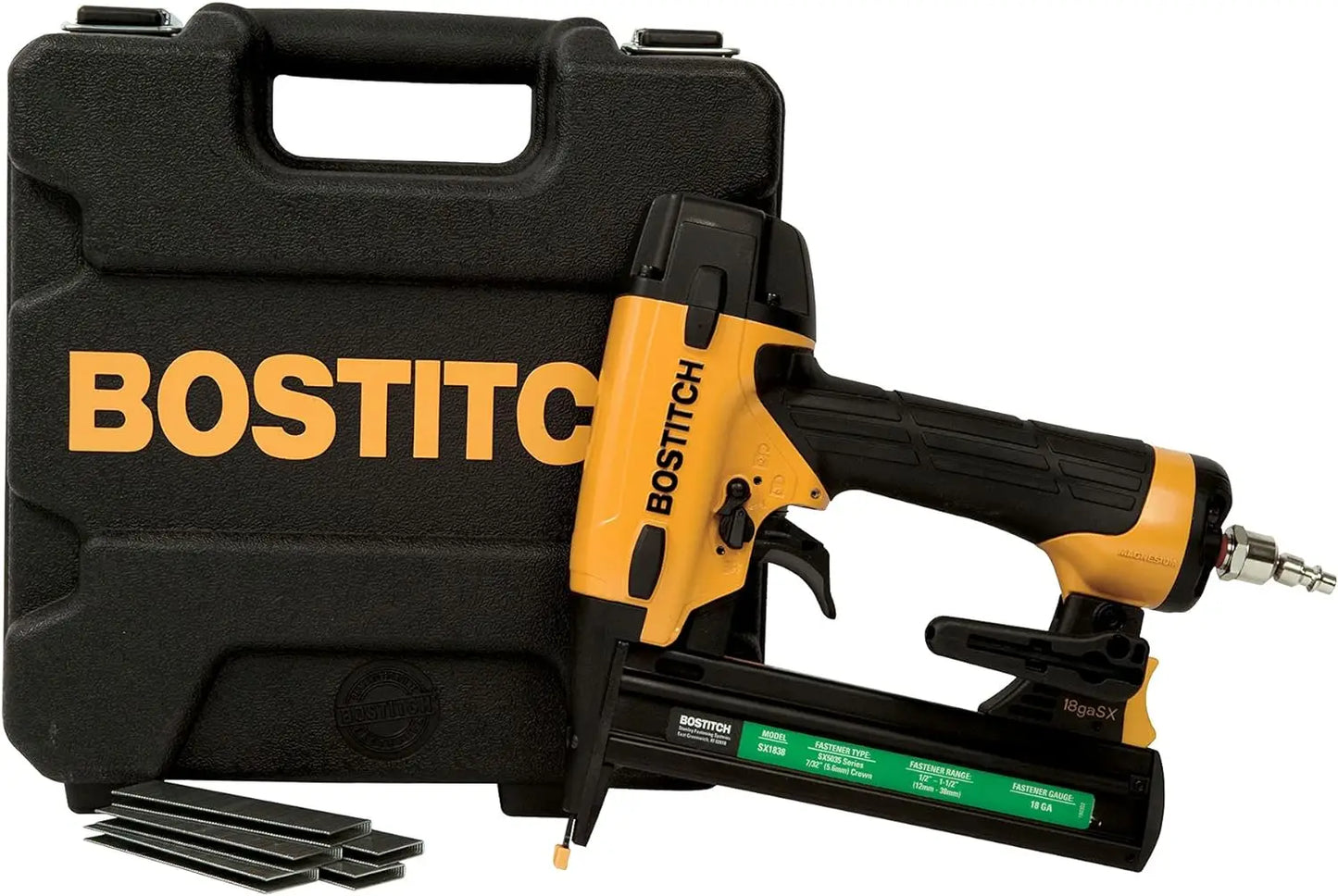 BOSTITCH Finish Nailer Kit, 16GA, Smart Point, Pneumatic with Crown Stapler, Narrow, 18GA (BTFP71917 & SX1838K)
