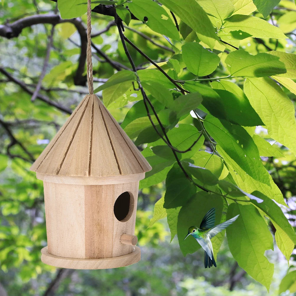 DIY Bird Nest Hanging Bird House Natural Wooden Bird Cage Resting Place Wall-mounted Outdoor Garden Tree Simple Birdhouse #WO