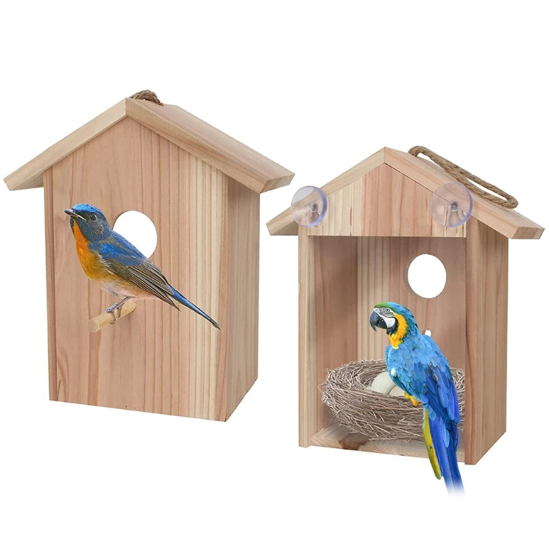 Blue Birds House Wood Window Birdhouse Weatherproof Bird Nest Designed with Perch Transparent Rear for Easy Watch