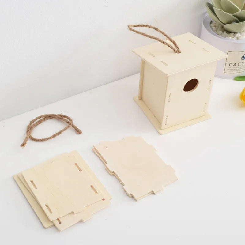 DIY Bird Wood House with Lanyard Outdoor Handmade Accessory Pet Supplies Hanging Birdhouse for Outside Balcony