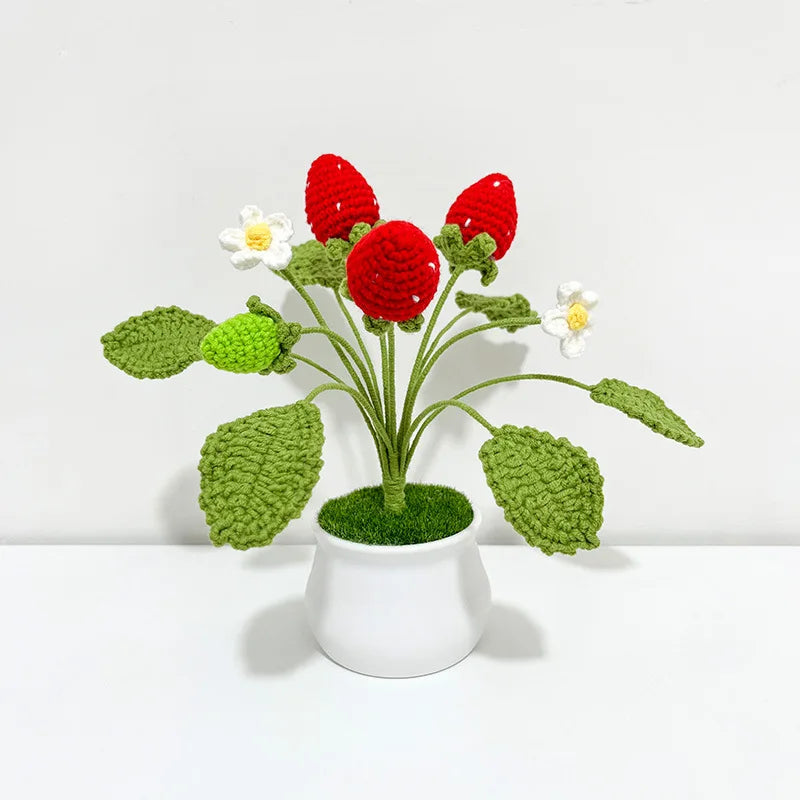 Crochet Fruit Artifical Plants Bonsai,Hand Knitted Strawberry,Potted Oranges,Woven Crafts For Room Home Table Decor, Friend Gift