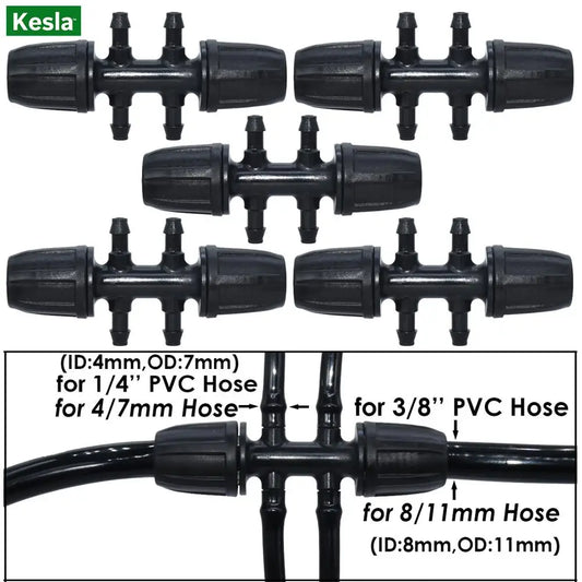 KESLA 5PCS Garden 3/8'' to 1/4'' 6-Way Watering Hose Connectors w/ Lock Drip Irrigation for 8/11 to 4/7mm Tubing Barbed Adaptors