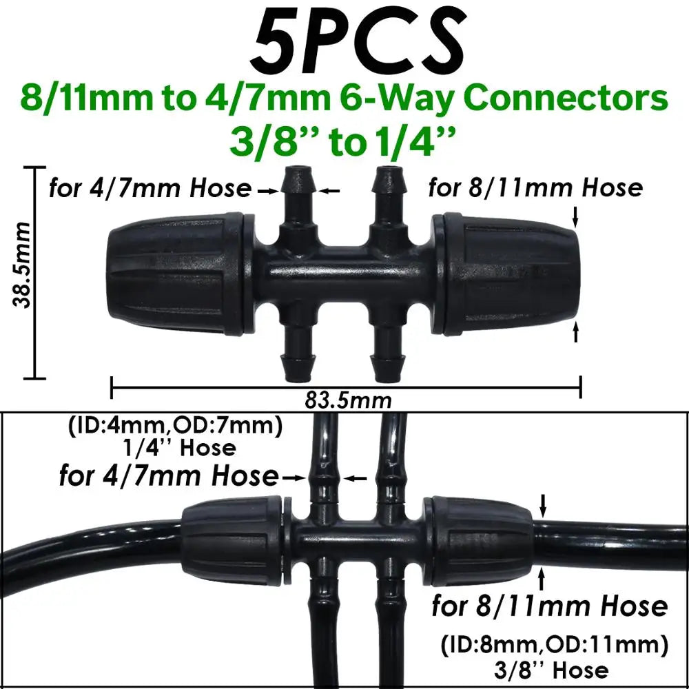 KESLA 5PCS Garden 3/8'' to 1/4'' 6-Way Watering Hose Connectors w/ Lock Drip Irrigation for 8/11 to 4/7mm Tubing Barbed Adaptors