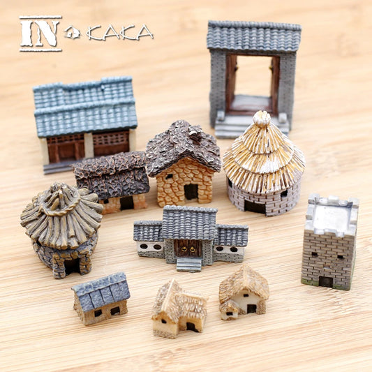 Chinese Antique Mini House Retro Building Micro Fairy Garden Figurines Miniatures/Terrarium Vintage Home Decor Ornaments DIY