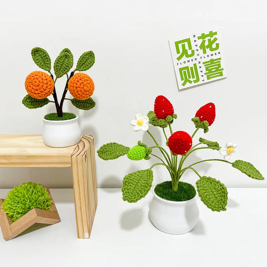 Crochet Fruit Artifical Plants Bonsai,Hand Knitted Strawberry,Potted Oranges,Woven Crafts For Room Home Table Decor, Friend Gift