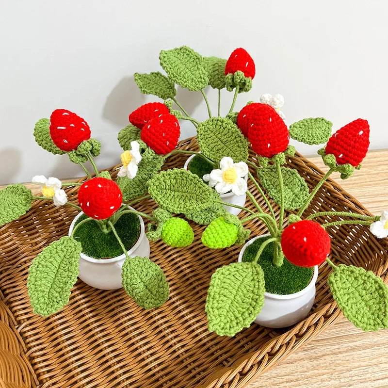 Crochet Fruit Artifical Plants Bonsai,Hand Knitted Strawberry,Potted Oranges,Woven Crafts For Room Home Table Decor, Friend Gift