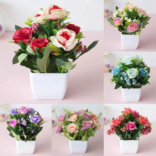 Multi-color Rose Flower Artificial Potted Plant Artificial Bonsai Potted Fake Flower Home Garden Office Table Room Decoration