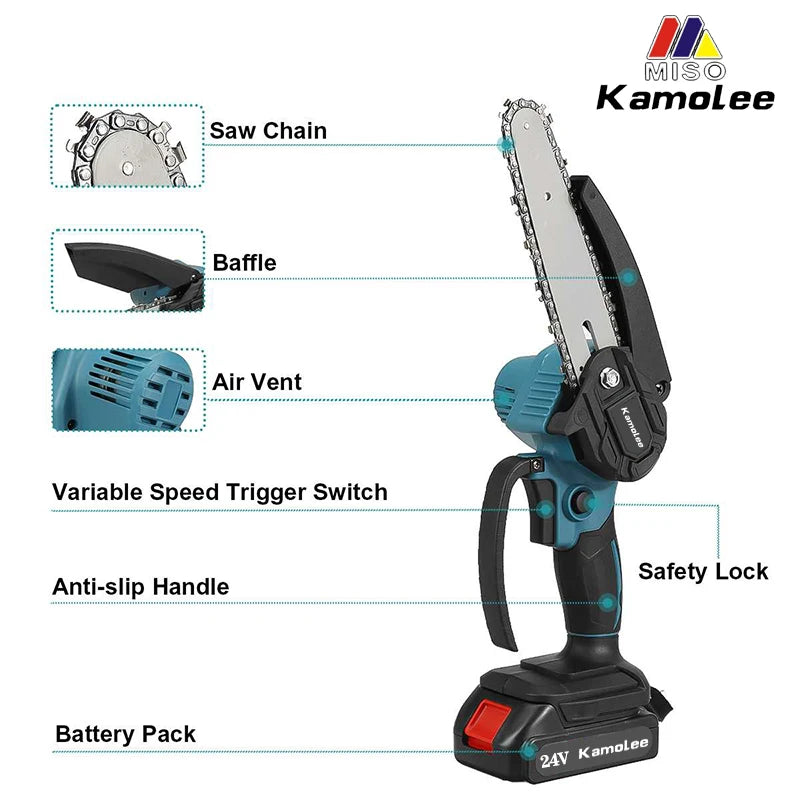 Kamolee Brushless Electric Chain Saw 24V 4/6/8 Inch Mini Chainsaw Wood Cutter Pruning Garden Power Tool For Makita 18V Battery